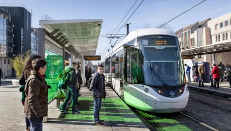3/4 Front View of the Tramway at a station at Rouen.
