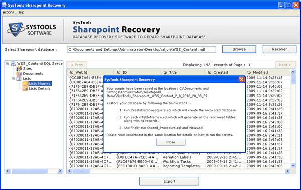 Screenshot for Repair Corrupt SharePoint Database 2.0